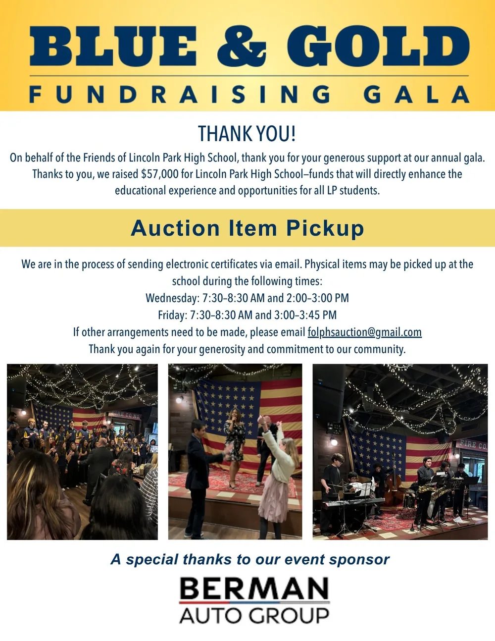 Blue and Gold Fundraising Gala thank-you note with auction item pickup details and event photos