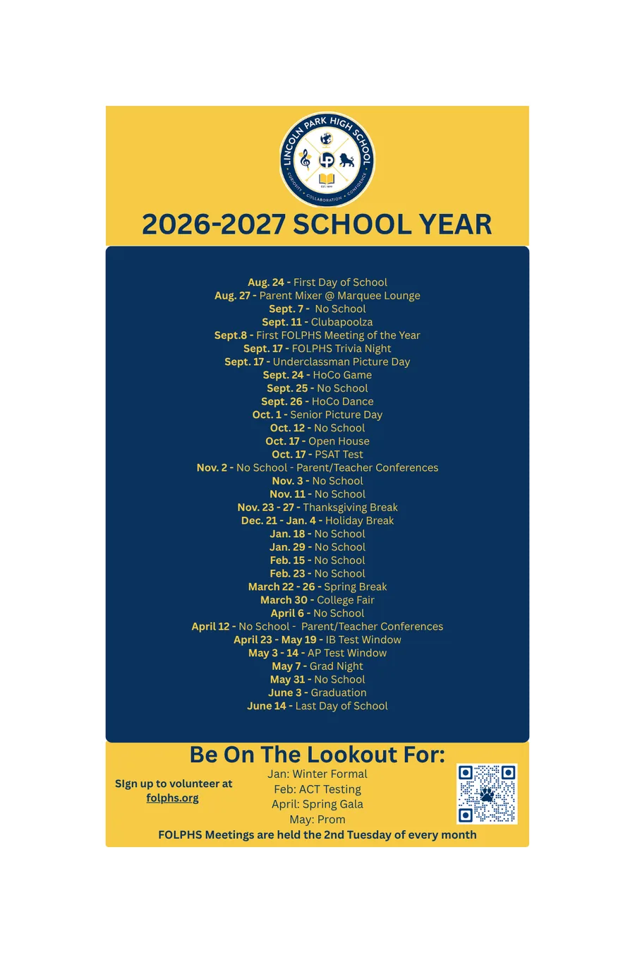 2026-2027 LPHS school year calendar magnet with key dates and FOLPHS meetings on the 2nd Tuesday of every month
