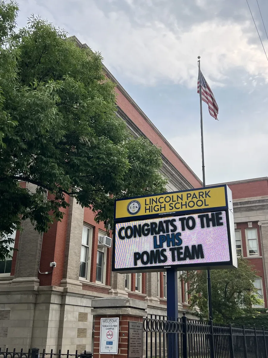 The LPHS marquee sign on Armitage showing a personalized congratulations message