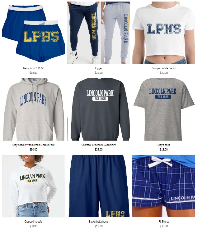 LPHS spirit wear: hoodies, t-shirts, sweatpants and shorts